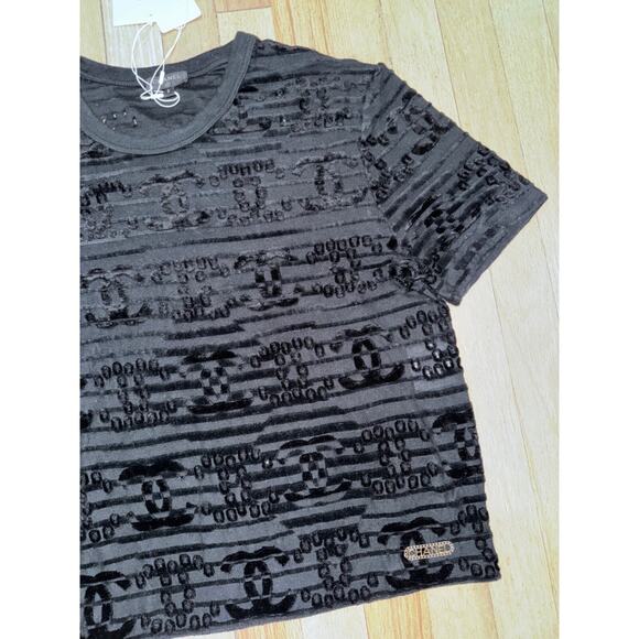 Chanel 21C Black Flocked Velvet CC Logo Top Short Sleeve Tee T Shirt S Small - Picture 7 of 16